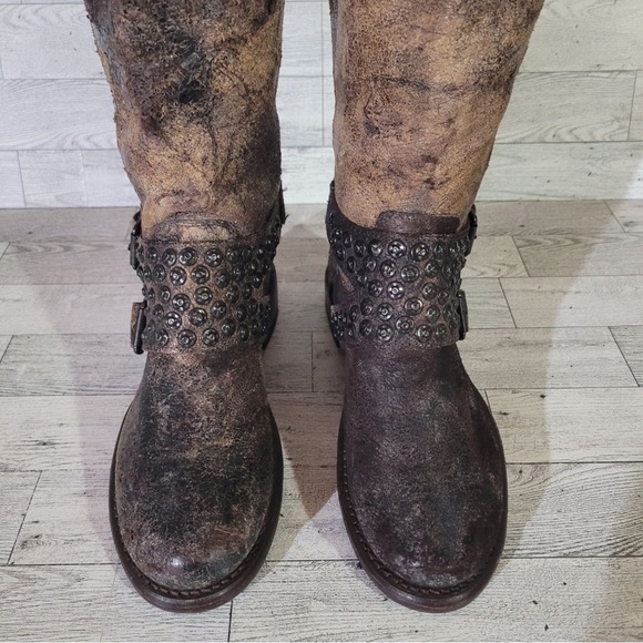 Women's Frye Jenna Western Brown Leather Moto Tall Riding Engineer Boots Sz 6.5 - Picture 3 of 9